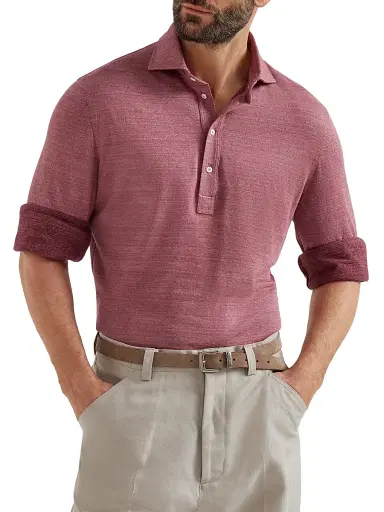 Brunello Cucinelli Men's Linen and Cotton Mélange Jersey Long Sleeve Polo Shirt - Coral - Size XXL | Thumbnail 5 Brunello Cucinelli Men's Linen and Cotton Mélange Jersey Long Sleeve Polo Shirt - Coral - Size XXL | Thumbnail 5