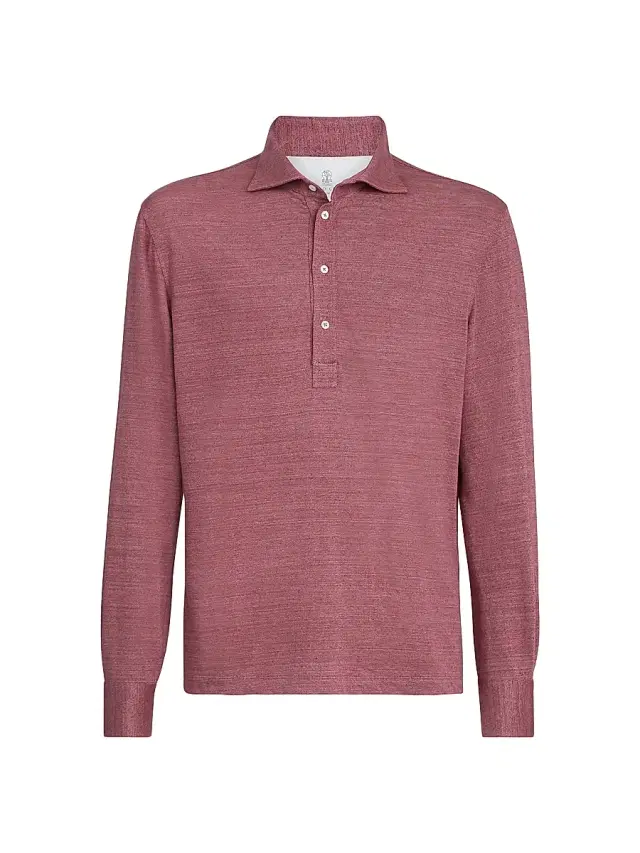 Brunello Cucinelli Men's Linen and Cotton Mélange Jersey Long Sleeve Polo Shirt - Coral
