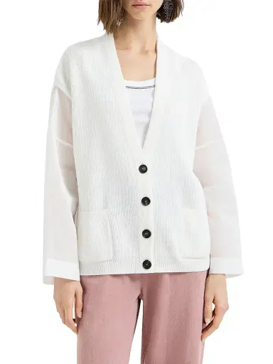 Brunello Cucinelli Women's Cotton Ribbed Cardigan with Organza Sleeves - White | Thumbnail 2