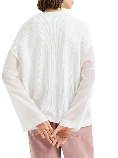 Brunello Cucinelli Women's Cotton Ribbed Cardigan with Organza Sleeves - White | Thumbnail 3