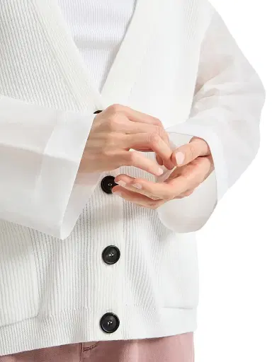 Brunello Cucinelli Women's Cotton Ribbed Cardigan with Organza Sleeves - White | Thumbnail 4