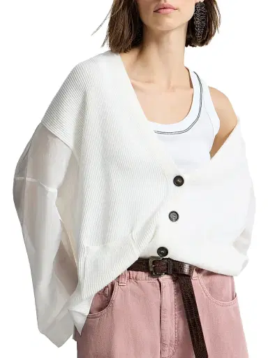 Brunello Cucinelli Women's Cotton Ribbed Cardigan with Organza Sleeves - White | Thumbnail 5