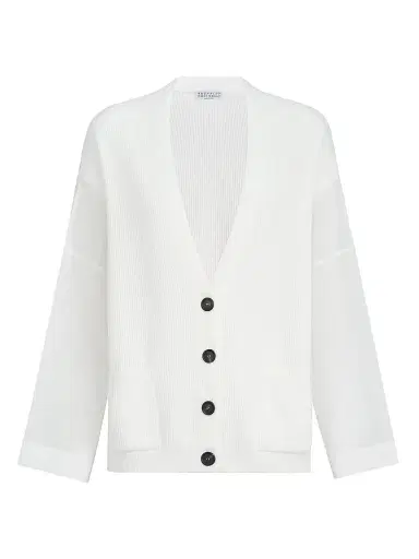 Brunello Cucinelli Women's Cotton Ribbed Cardigan with Organza Sleeves - White | Thumbnail 1
