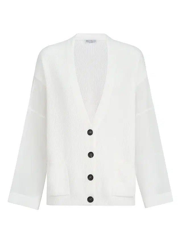 Brunello Cucinelli Women's Cotton Ribbed Cardigan with Organza Sleeves - White
