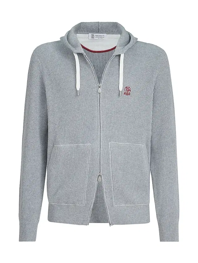 Brunello Cucinelli Men's Cotton English Rib Knit Hooded Sweatshirt with Logo and Zipper - Grey