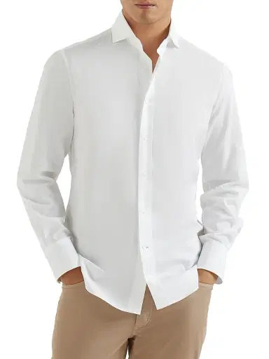 Brunello Cucinelli Men's Twill Slim Fit Shirt with Spread Collar | Thumbnail 2