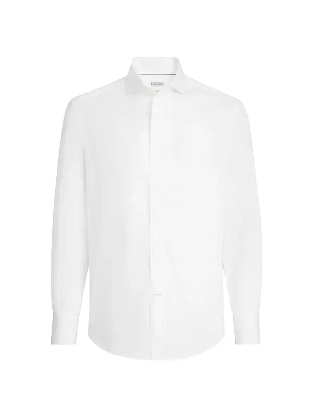 Brunello Cucinelli Men's Twill Slim Fit Shirt with Spread Collar - White