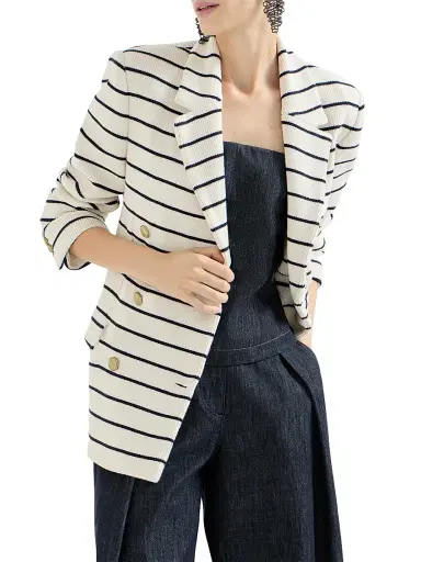 Brunello Cucinelli Women's Cotton Striped Knit Blazer with Monili | Thumbnail 5 Brunello Cucinelli Women's Cotton Striped Knit Blazer with Monili | Thumbnail 5