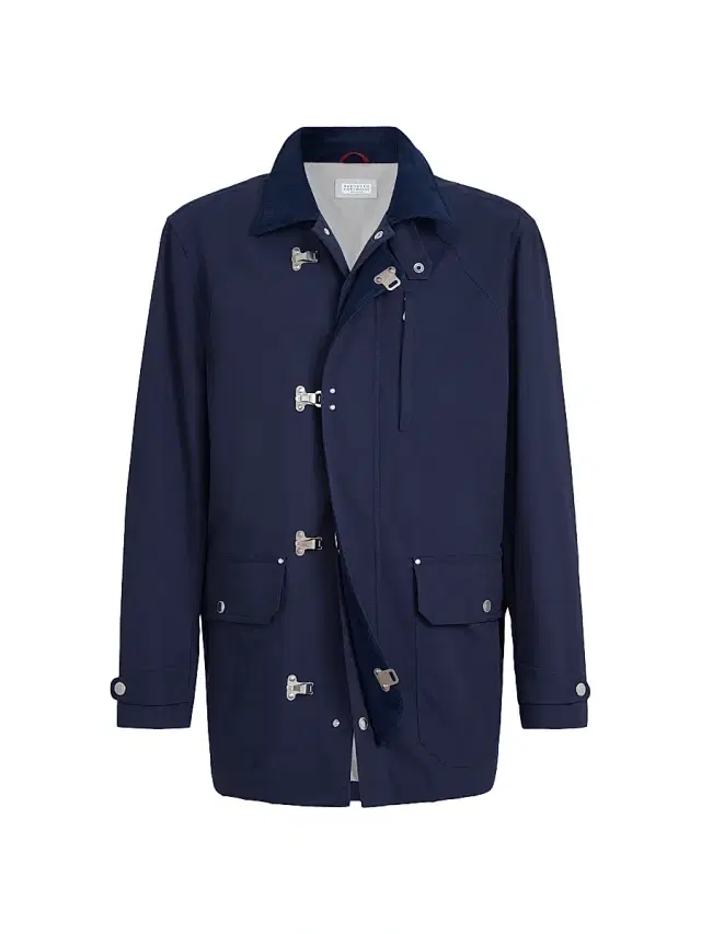 Brunello Cucinelli Men's Water Resistant Techno Cotton Gabardine Outerwear Jacket with Hook Fastening - Blue