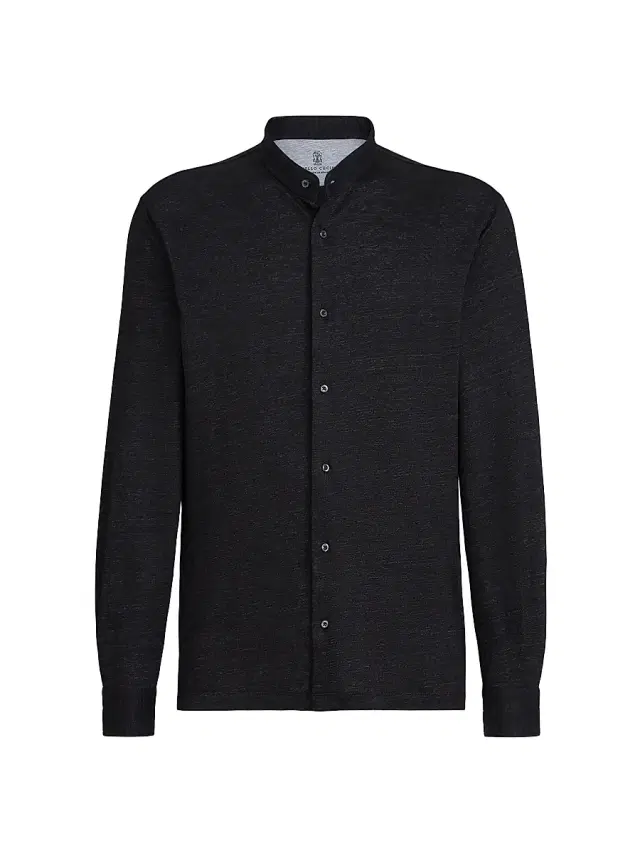 Brunello Cucinelli Men's Linen and Cotton Mélange Jersey Shirt with Mandarin Collar - Anthracite