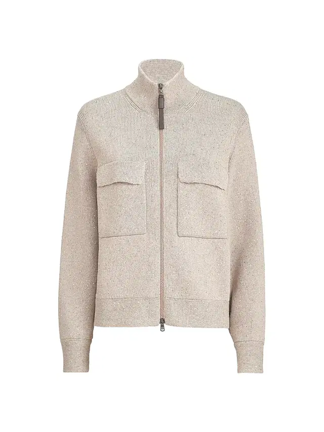 Brunello Cucinelli Women's Cotton Diamond Yarn Double Knit Outerwear Jacket - Desert