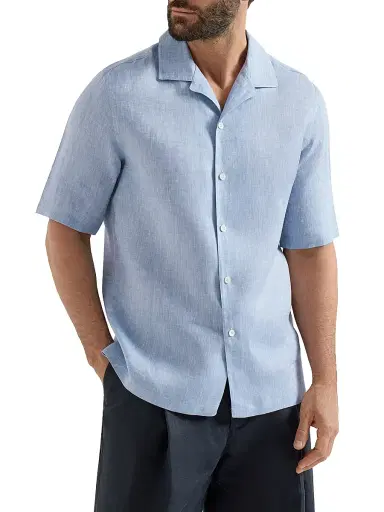 Brunello Cucinelli Men's Linen Easy Fit Short Sleeve Shirt with Camp Collar | Thumbnail 2 Brunello Cucinelli Men's Linen Easy Fit Short Sleeve Shirt with Camp Collar | Thumbnail 2