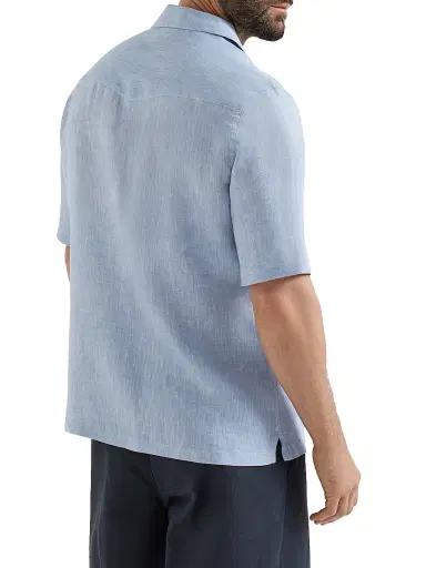 Brunello Cucinelli Men's Linen Easy Fit Short Sleeve Shirt with Camp Collar | Thumbnail 3 Brunello Cucinelli Men's Linen Easy Fit Short Sleeve Shirt with Camp Collar | Thumbnail 3