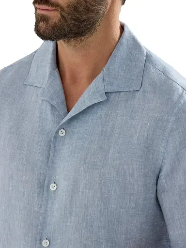 Brunello Cucinelli Men's Linen Easy Fit Short Sleeve Shirt with Camp Collar | Thumbnail 4 Brunello Cucinelli Men's Linen Easy Fit Short Sleeve Shirt with Camp Collar | Thumbnail 4