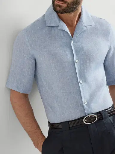 Brunello Cucinelli Men's Linen Easy Fit Short Sleeve Shirt with Camp Collar | Thumbnail 5 Brunello Cucinelli Men's Linen Easy Fit Short Sleeve Shirt with Camp Collar | Thumbnail 5