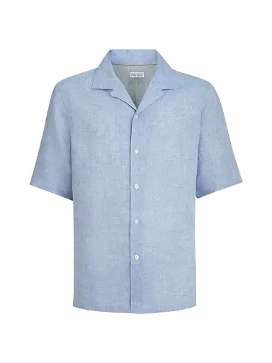 Brunello Cucinelli Men's Linen Easy Fit Short Sleeve Shirt with Camp Collar | Thumbnail 1 Brunello Cucinelli Men's Linen Easy Fit Short Sleeve Shirt with Camp Collar | Thumbnail 1