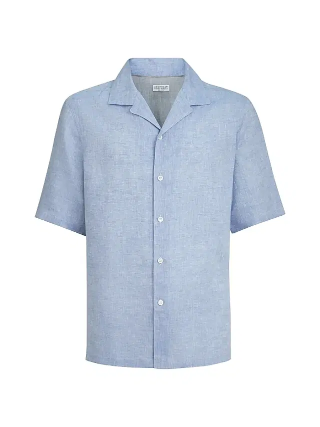 Brunello Cucinelli Men's Linen Easy Fit Short Sleeve Shirt with Camp Collar - Sky Blue