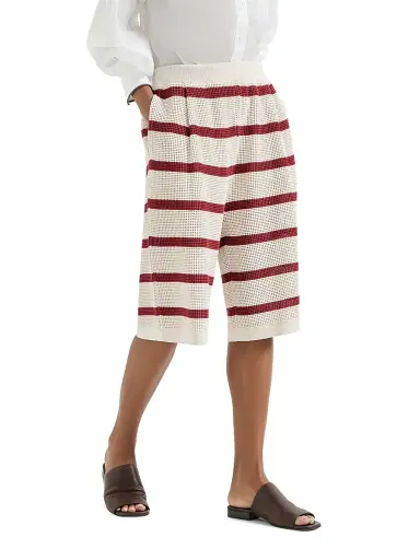 Brunello Cucinelli Women's Cotton Striped Net Knit Bermuda Shorts - Bordeaux | Thumbnail 2 Brunello Cucinelli Women's Cotton Striped Net Knit Bermuda Shorts - Bordeaux | Thumbnail 2