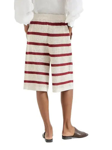 Brunello Cucinelli Women's Cotton Striped Net Knit Bermuda Shorts - Bordeaux | Thumbnail 3 Brunello Cucinelli Women's Cotton Striped Net Knit Bermuda Shorts - Bordeaux | Thumbnail 3