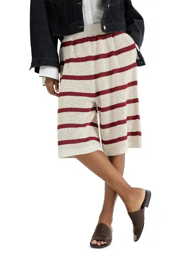 Brunello Cucinelli Women's Cotton Striped Net Knit Bermuda Shorts - Bordeaux | Thumbnail 5 Brunello Cucinelli Women's Cotton Striped Net Knit Bermuda Shorts - Bordeaux | Thumbnail 5