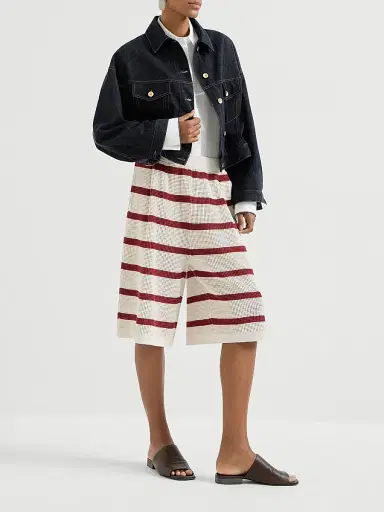 Brunello Cucinelli Women's Cotton Striped Net Knit Bermuda Shorts - Bordeaux | Thumbnail 6 Brunello Cucinelli Women's Cotton Striped Net Knit Bermuda Shorts - Bordeaux | Thumbnail 6