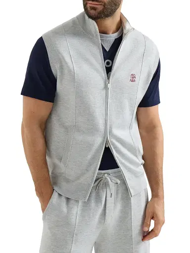 Brunello Cucinelli Men's Cotton and Silk French Terry Double Knit Vest with Logo - Pebble | Thumbnail 2