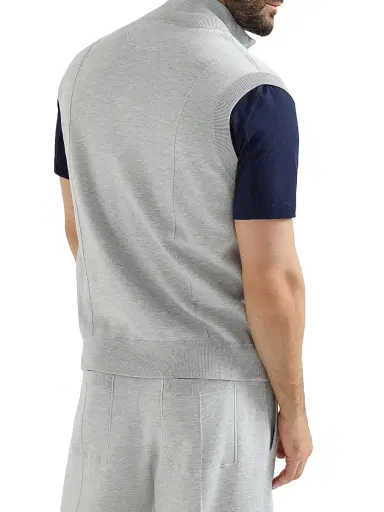 Brunello Cucinelli Men's Cotton and Silk French Terry Double Knit Vest with Logo - Pebble | Thumbnail 3