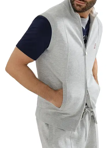 Brunello Cucinelli Men's Cotton and Silk French Terry Double Knit Vest with Logo - Pebble | Thumbnail 4