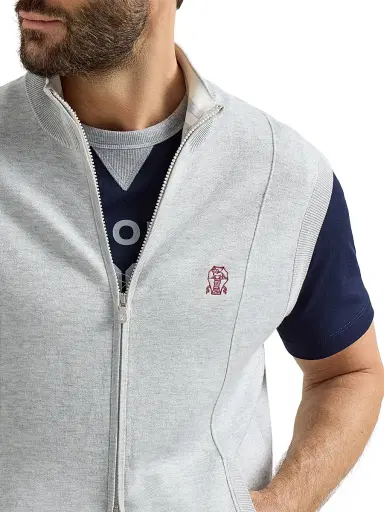 Brunello Cucinelli Men's Cotton and Silk French Terry Double Knit Vest with Logo - Pebble | Thumbnail 5