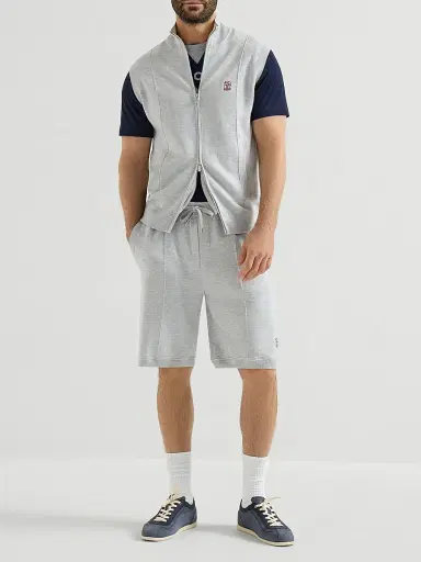 Brunello Cucinelli Men's Cotton and Silk French Terry Double Knit Vest with Logo - Pebble | Thumbnail 6