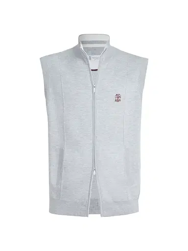 Brunello Cucinelli Men's Cotton and Silk French Terry Double Knit Vest with Logo - Pebble | Thumbnail 1