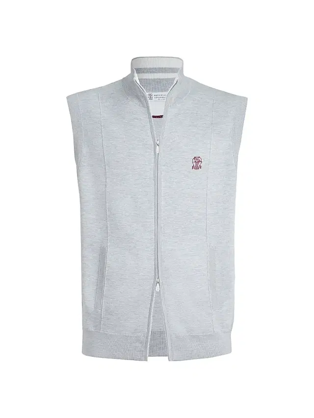 Brunello Cucinelli Men's Cotton and Silk French Terry Double Knit Vest with Logo - Pebble