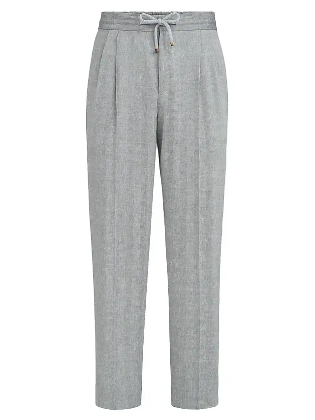 Brunello Cucinelli Men's Linen and Virgin Wool Chevron Trousers with Drawstring and Double Pleats - Medium Grey