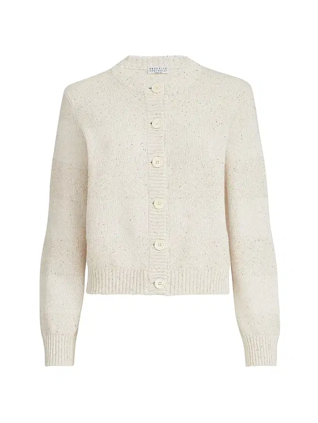 Brunello Cucinelli Women's Textured Stripe Cardigan in Cotton Diamond Yarn - Oat