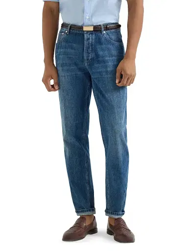 Brunello Cucinelli Men's Lightweight Denim Traditional Fit Five Pocket Jeans - Medium Denim | Thumbnail 2