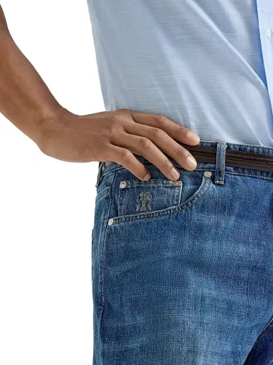 Brunello Cucinelli Men's Lightweight Denim Traditional Fit Five Pocket Jeans - Medium Denim | Thumbnail 4