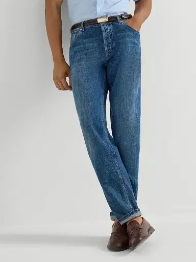 Brunello Cucinelli Men's Lightweight Denim Traditional Fit Five Pocket Jeans - Medium Denim | Thumbnail 5