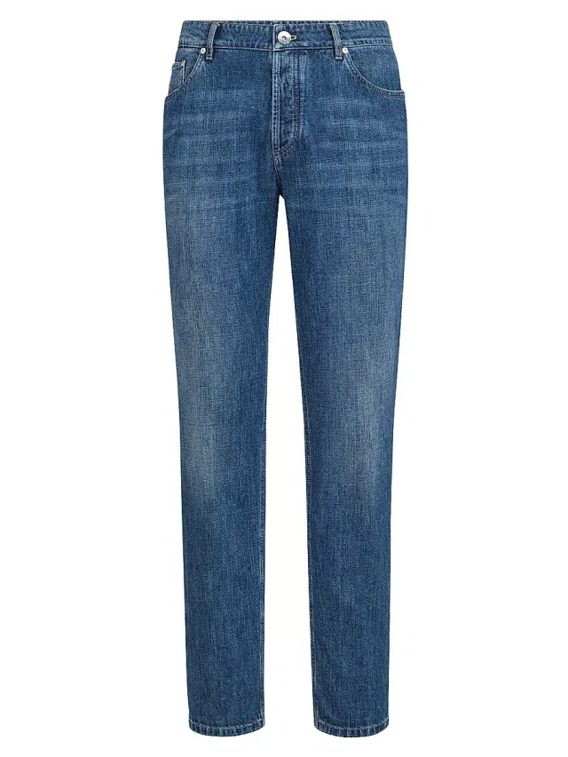 Brunello Cucinelli Men's Lightweight Denim Traditional Fit Five Pocket Jeans - Medium Denim
