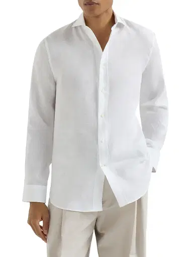 Brunello Cucinelli Men's Linen Easy Fit Shirt with Spread Collar | Thumbnail 2