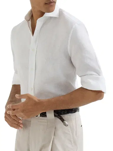 Brunello Cucinelli Men's Linen Easy Fit Shirt with Spread Collar | Thumbnail 5