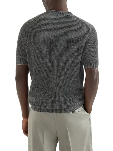 Brunello Cucinelli Men's Linen and Cotton Half English Rib Knit T-Shirt | Thumbnail 3 Brunello Cucinelli Men's Linen and Cotton Half English Rib Knit T-Shirt | Thumbnail 3