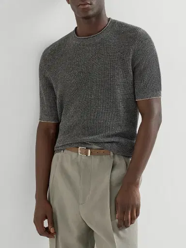 Brunello Cucinelli Men's Linen and Cotton Half English Rib Knit T-Shirt | Thumbnail 5 Brunello Cucinelli Men's Linen and Cotton Half English Rib Knit T-Shirt | Thumbnail 5