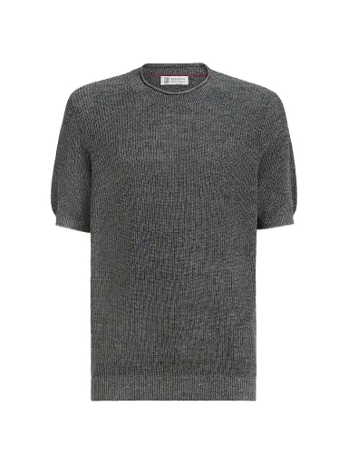 Brunello Cucinelli Men's Linen and Cotton Half English Rib Knit T-Shirt | Thumbnail 1 Brunello Cucinelli Men's Linen and Cotton Half English Rib Knit T-Shirt | Thumbnail 1