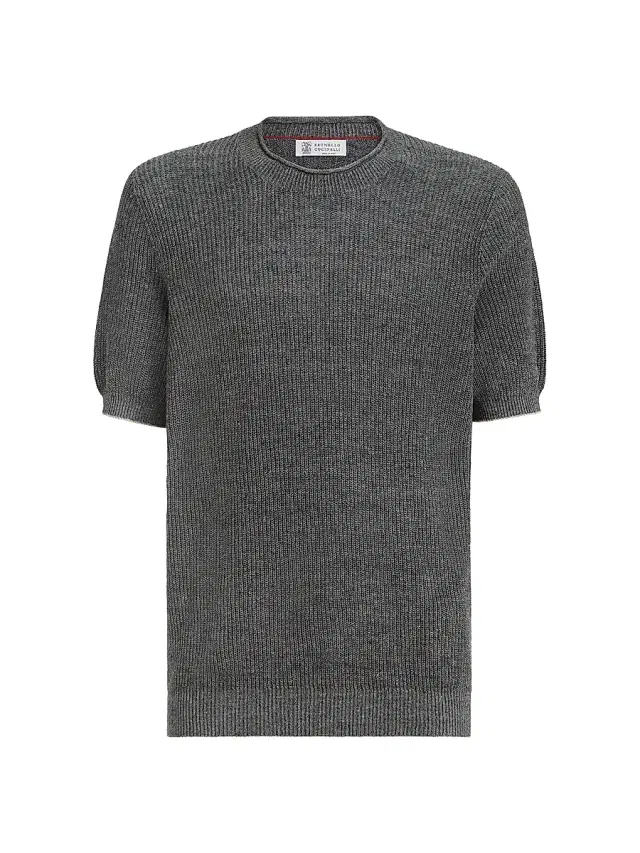 Brunello Cucinelli Men's Linen and Cotton Half English Rib Knit T-Shirt - Dark Grey