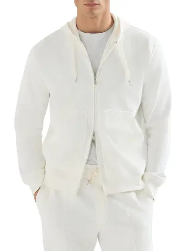 Brunello Cucinelli Men's Techno Cotton French Terry Hooded Sweatshirt with Zipper - Off White | Thumbnail 2