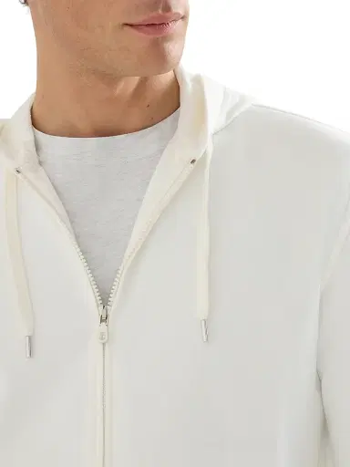 Brunello Cucinelli Men's Techno Cotton French Terry Hooded Sweatshirt with Zipper - Off White | Thumbnail 4