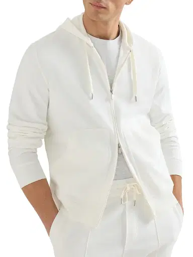 Brunello Cucinelli Men's Techno Cotton French Terry Hooded Sweatshirt with Zipper - Off White | Thumbnail 5