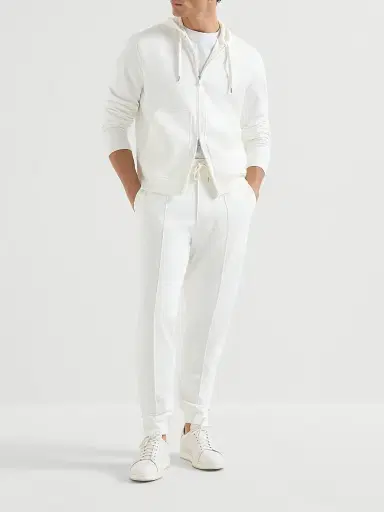 Brunello Cucinelli Men's Techno Cotton French Terry Hooded Sweatshirt with Zipper - Off White | Thumbnail 6