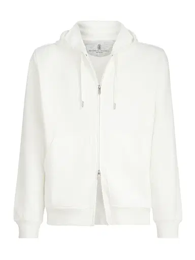 Brunello Cucinelli Men's Techno Cotton French Terry Hooded Sweatshirt with Zipper - Off White | Thumbnail 1