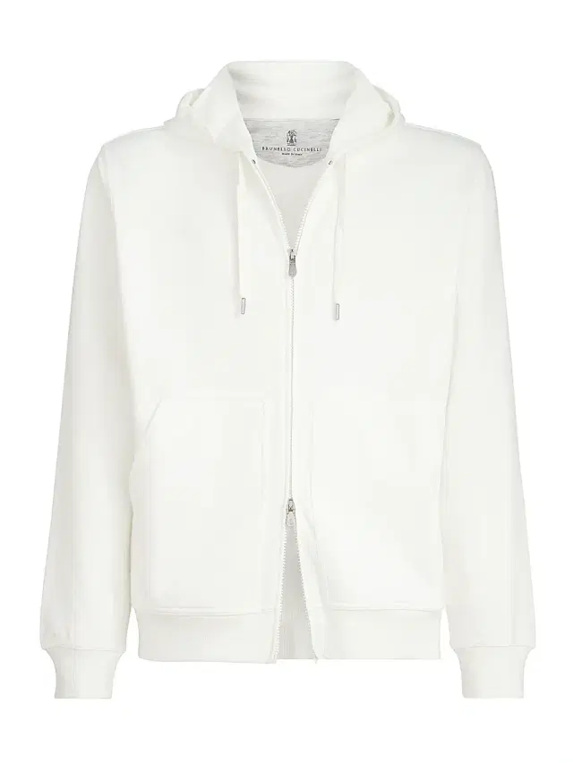 Brunello Cucinelli Men's Techno Cotton French Terry Hooded Sweatshirt with Zipper - Off White